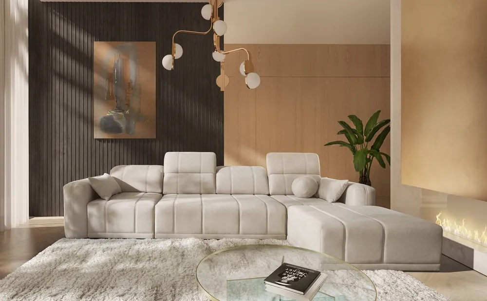 Ecksofa mit Schlaffunktion Cetara XII beige rechte Seite stilvolles Design bequeme Schiebelehnen zwei Bettkästen Direktkauf