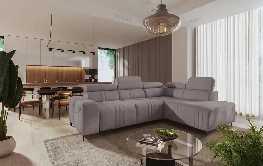 Sonderangebot Ecksofa mit Schlaffunktion Castel VII grau-braun rechtsseitig stilvolles Ecksofa mit Bettzeugablage und verstellbaren Kopfstützen