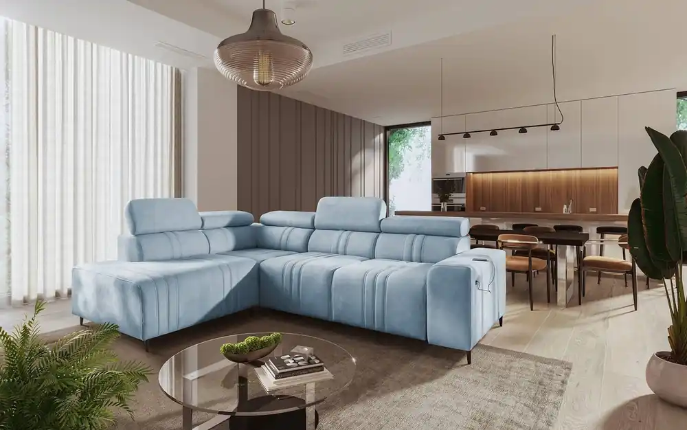 Highlight Ecksofa mit Schlaffunktion Castel VII blau linke Seite stilvolles Ecksofa mit Bettzeugablage und verstellbaren Kopfstützen
