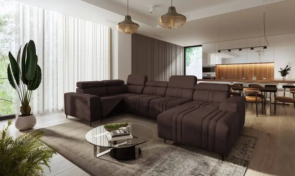 Ecksofa mit Schlaffunktion Castel IV braun rechte Seite stilvolles Ecksofa mit Bettkasten und verstellbaren Kopfstützen Mega-Angebot