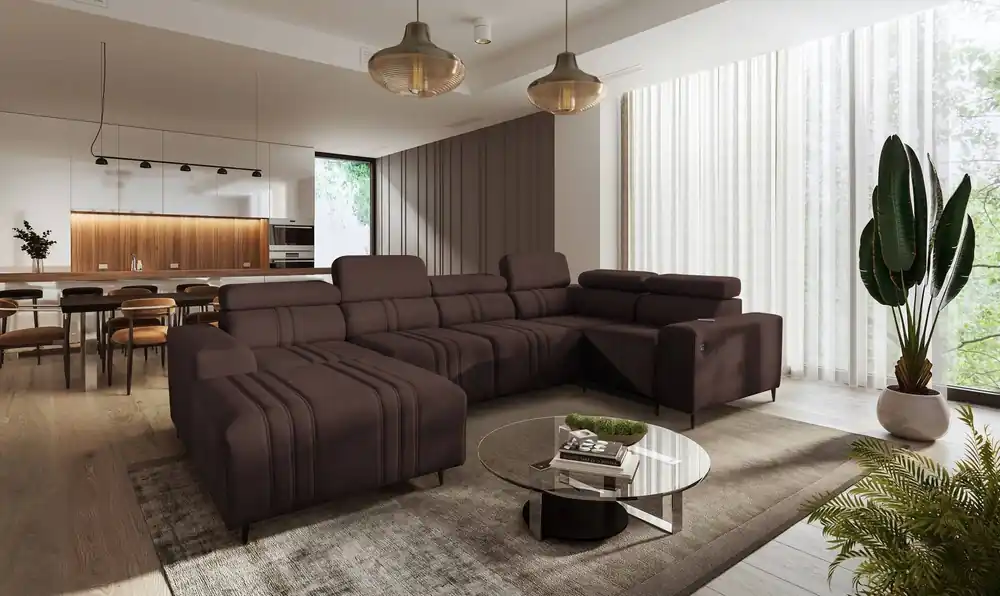 Ecksofa mit Schlaffunktion Castel IV braun linksseitig stilvolles Ecksofa mit Bettzeugcontainer und verstellbaren Kopfstützen Ausverkauf