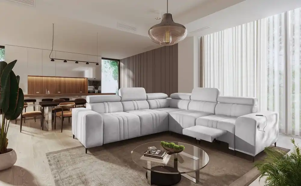 Ecksofa mit Schlaffunktion Castel III Lux grau Esche rechts äußerst bequemes Ecksofa für das Wohnzimmer mit ausziehbarer Fußstütze Heißes Angebot