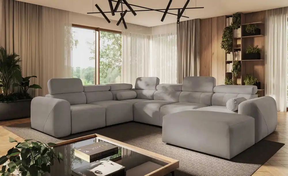 Ecksofa mit Schlaffunktion Cantare VIII Esche grau rechts Ecksofa mit verstellbaren Kopfstützen Bettzeug Container Preiswert