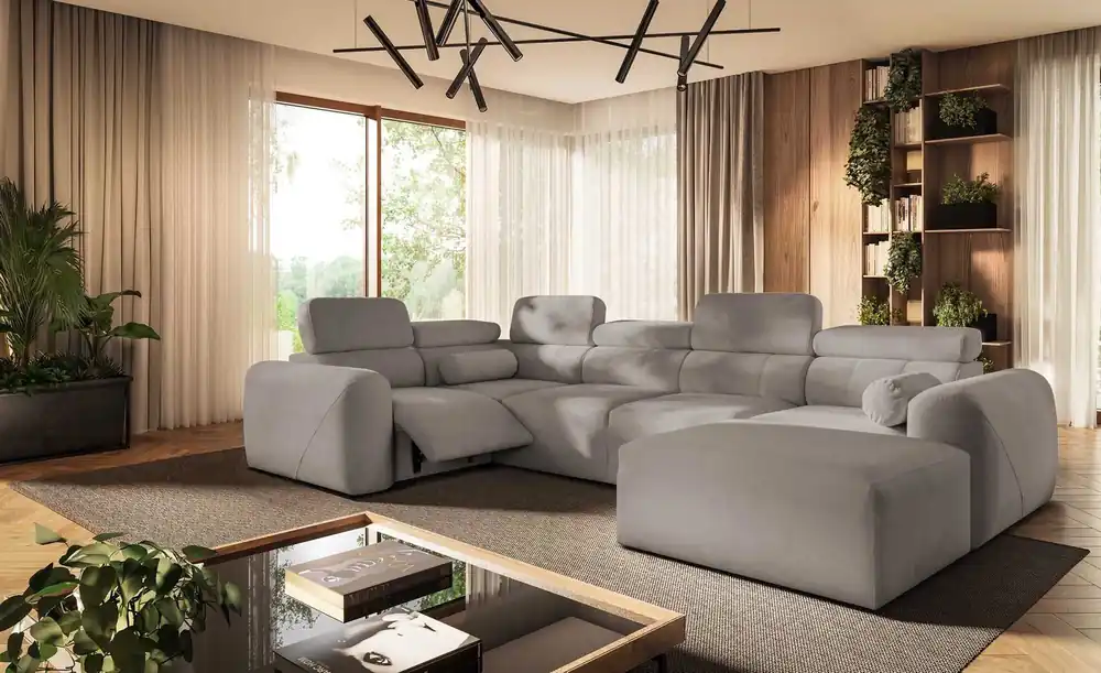 Expressversand Ecksofa mit Schlaffunktion Cantare IV Lux graue Esche rechts sorgfältig verarbeitetes Ecksofa für das Wohnzimmer mit hochklappbarer Fußstütze