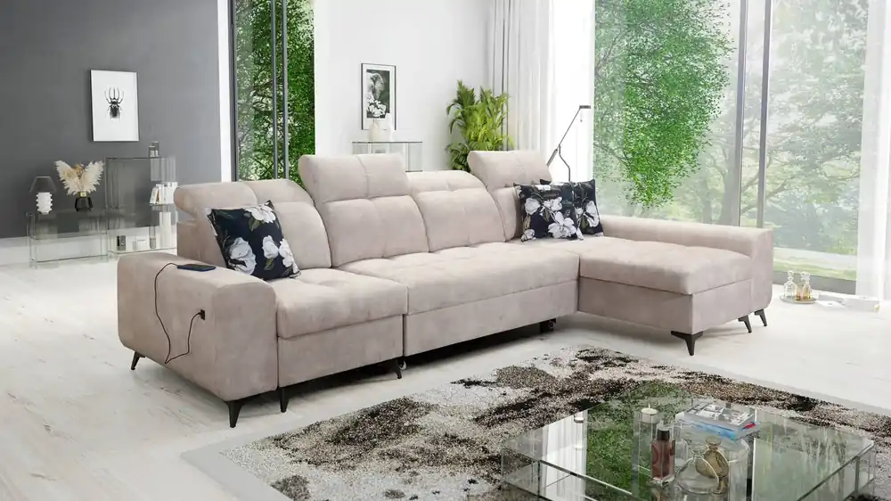 Ecksofa mit Schlaffunktion Buffalo XII beige rechte Seite stilvolles und funktionelles Ecksofa mit Bettkasten Rabatt