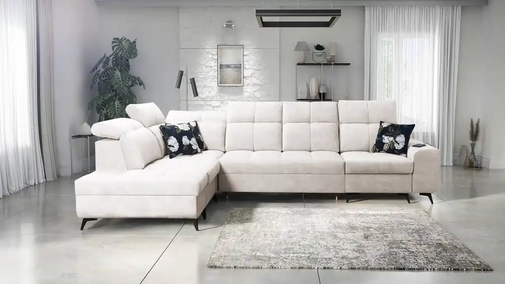 Ecksofa mit Schlaffunktion Buffalo XI Creme linke Seite stilvolles Ecksofa mit drei Bettkästen Veloursstoff Saisonangebot