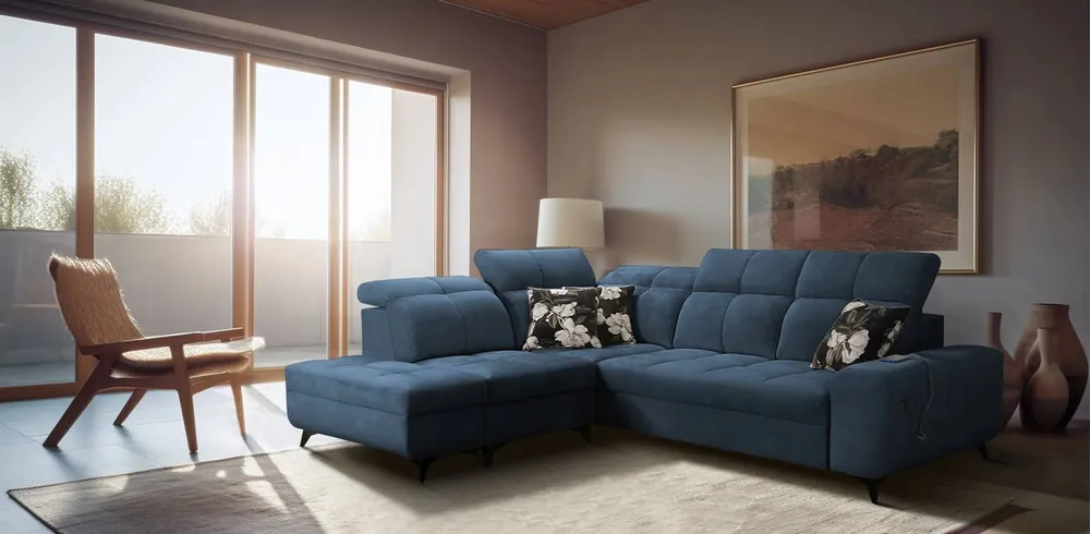 Ecksofa mit Schlaffunktion Buffalo VII blau linksseitig stilvolles Ecksofa mit Bettzeugcontainer Velourstoff Sichere Zahlung