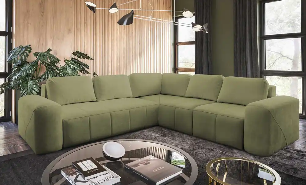 Preisreduziert Ecksofa mit Schlaffunktion Bovec III grüne Olive rechts äußerst stilvolles Eckschlafsofa perfekt für ein geräumiges Wohnzimmer