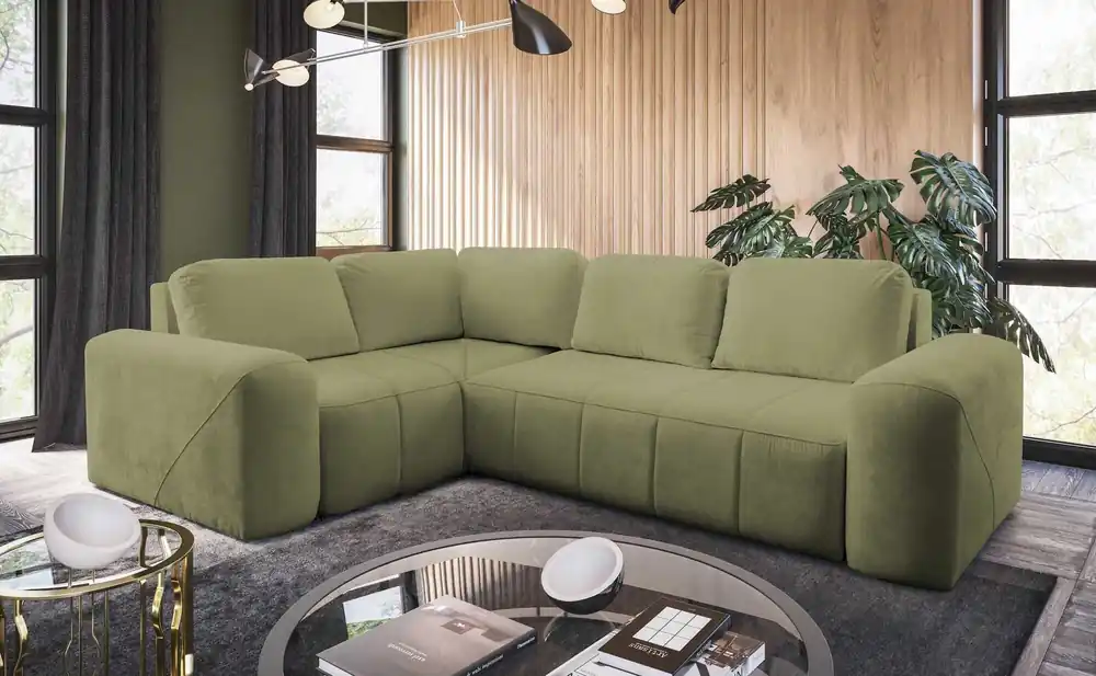 Aktuell Ecksofa mit Schlaffunktion Bovec II grüne Olive links komfortables Ecksofa mit stilvollem Charakter Bettzeug Container