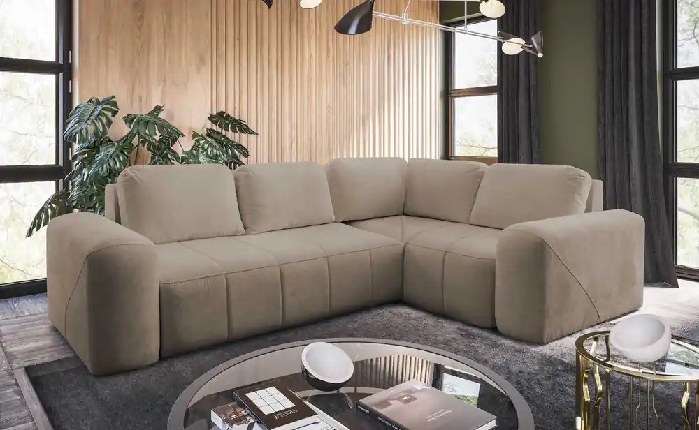 Ecksofa mit Schlaffunktion Bovec II dunkelbeige rechts bequemes Ecksofa mit stilvollem Charakter Bettzeug Container Schnäppchen