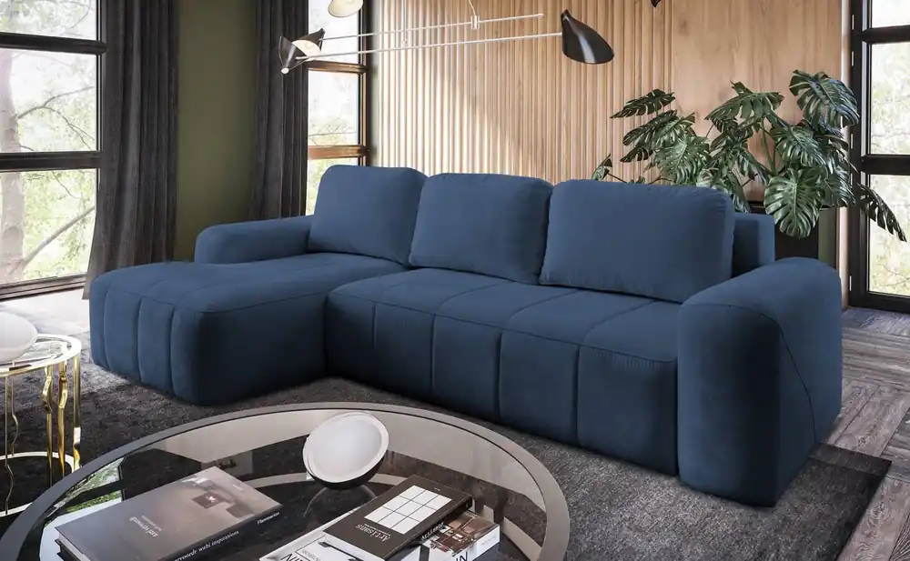 Ecksofa mit Schlaffunktion Bovec blau linksseitig stilvolles Ecksofa mit ergonomischer Form hydrophobem Stoff Highlight