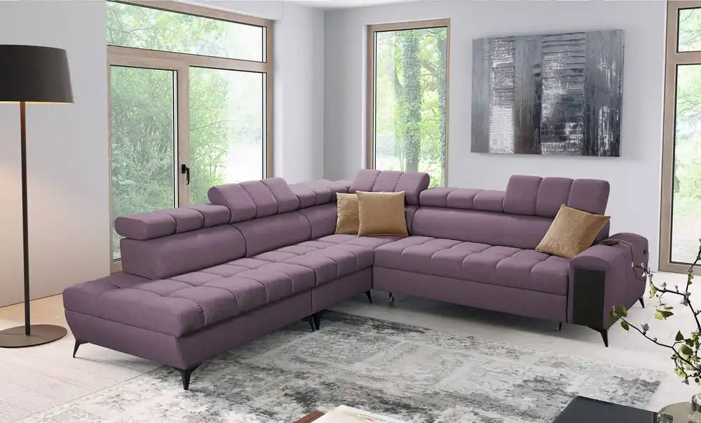 Ecksofa mit Schlaffunktion Bolmso IX lila links bequemes Ecksofa für Wohnzimmer mit Schublade Bettzeug Container stilvolles Design Direkt Vom Hersteller