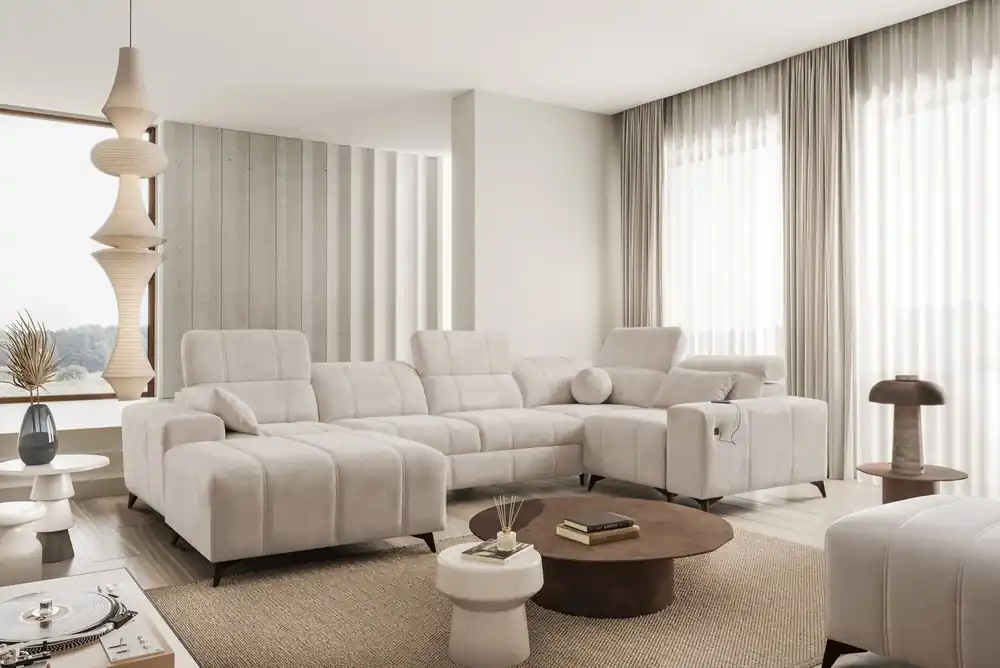 Penejos IV Ecksofa mit Schlaffunktion beige linke Seite stilvolles Ecksofa mit zwei Bettkästen strapazierfähiger Stoff Markenware
