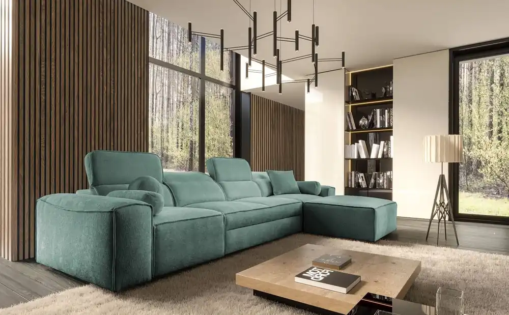 Direktkauf Ecksofa mit Schlaffunktion Viano XII patina rechts stilvolles Ecksofa mit interessanter Form verstellbare Kopfstützen Zierkissen