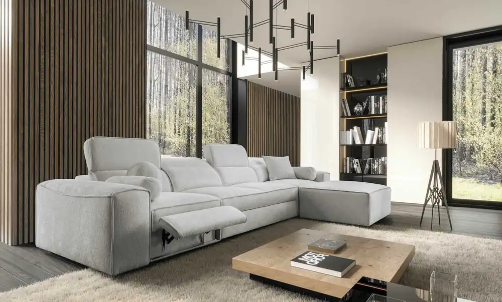 Ecksofa mit Schlaffunktion Viano XII Lux grau Esche rechtshändig Designer-Ecksofa für Wohnzimmer mit komfortablem ausziehbarem Fußteil Meistverkauft