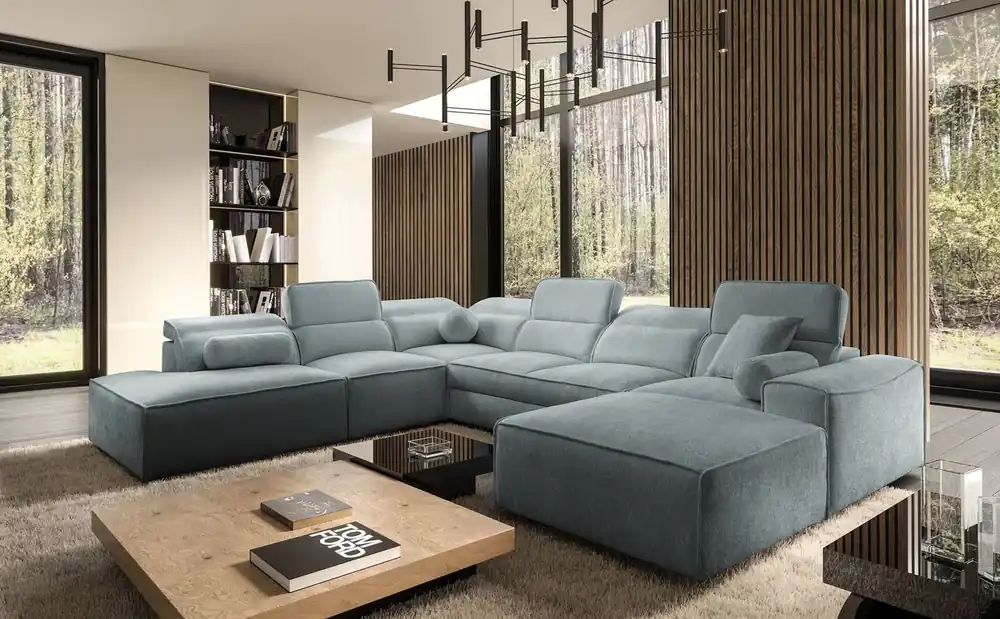 Meistverkauft Ecksofa mit Schlaffunktion Viano X grau blau rechts Design Ecksofa für Wohnzimmer im modernen Stil verstellbare Kopfstützen