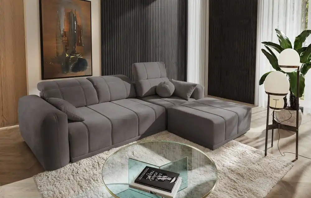 Mega-Angebot Ecksofa mit Schlaffunktion Cetara grau braun rechte Seite stilvolles Design bequeme verschiebbare Rückenlehnen verstellbare Kopfstützen
