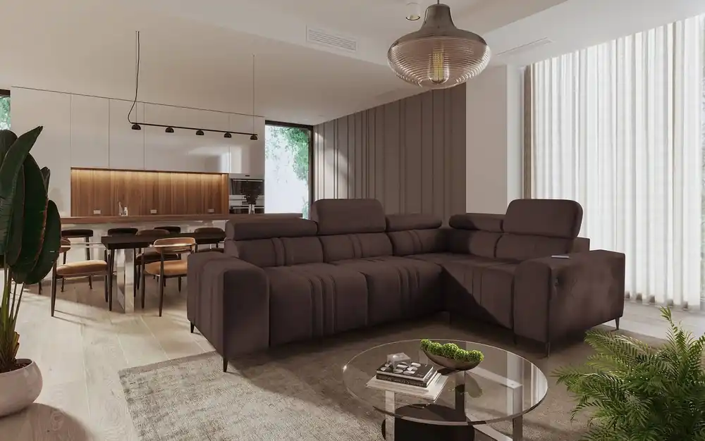 Sonderaktion Ecksofa mit Schlaffunktion Castel II braun rechtsseitiges Komfort-Ecksofa mit verstellbaren Kopfstützen Container für Bettzeug