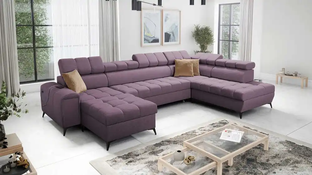 Ecksofa mit Schlaffunktion Bolmso VI lila links bequemes Ecksofa mit verstellbaren Kopfstützen dekorative Steppung auf der Sitzfläche Billig