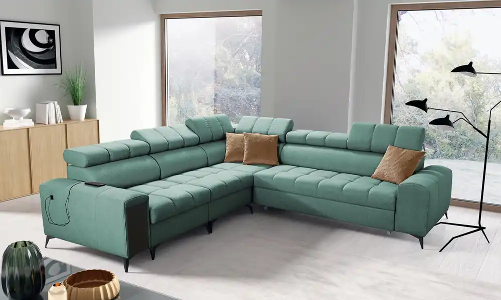 Beliebt Ecksofa mit Schlaffunktion Bolmso III mint linkes Ecksofa mit Bettzeugcontainer Vollauszug in der Seite des Möbels