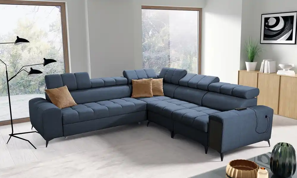 Ecksofa mit Schlaffunktion Bolmso III blau rechtsseitiges Ecksofa mit Bettzeugcontainer Vollauszug in der Seite des Möbels Top-Seller