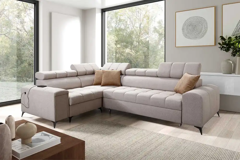 Markenprodukt Ecksofa mit Schlaffunktion Bolmso II beige linkes Ecksofa mit Bettzeugcontainer Vollauszug in der Seite des Möbels