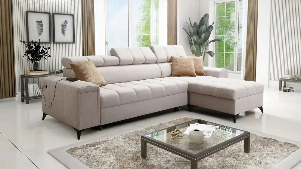 Preisreduziert Ecksofa mit Schlaffunktion Bolmso beige rechtes Ecksofa mit zwei Bettkästen praktische Schublade in der Seite des Möbels