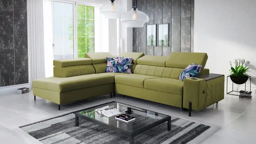 Ecksofa mit Schlaffunktion Belvi III oliv links bequemes und elegantes Ecksofa für das Wohnzimmer mit einem praktischen Staufach in der Seite Rabatt