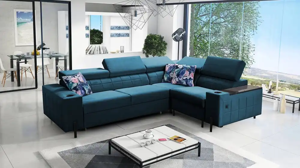 Geprüft Ecksofa mit Schlaffunktion Belvi II türkis rechts elegantes und ergonomisches Ecksofa für das Wohnzimmer praktischer Stauraum an der Seite