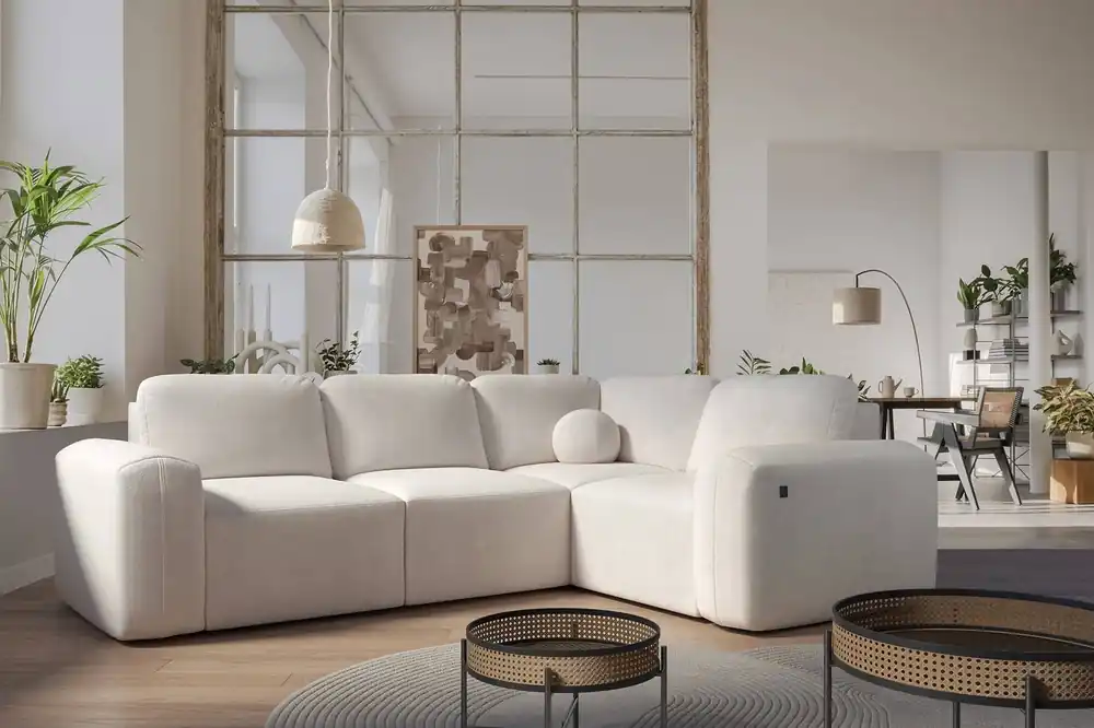Nur Heute Ecksofa mit Schlaffunktion Arbon II beige rechte Ecke stilvolles Design markante runde Form Behälter für Bettzeug