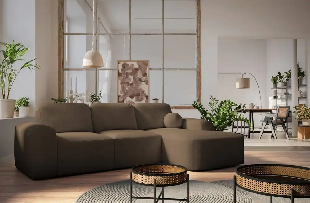 Expressversand Ecksofa mit Schlaffunktion Arbon braun rechte Ecke modernes Design mit markanter Form weicher Stoff