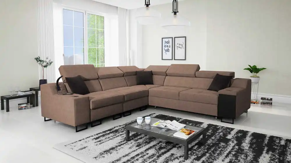Preisknaller Ecksofa mit Schlaffunktion Alcamo III hellbraun links Funktions-Ecksofa mit einer Schublade in der Seite zwei Behälter für Bettzeug