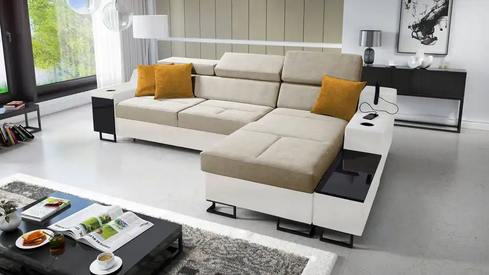 Sonderangebot Ecksofa mit Schlaffunktion Alcamo beige/weiß rechts elegantes und stilvolles Ecksofa mit einer ausziehbaren praktischen Schublade an der Seite des Möbels