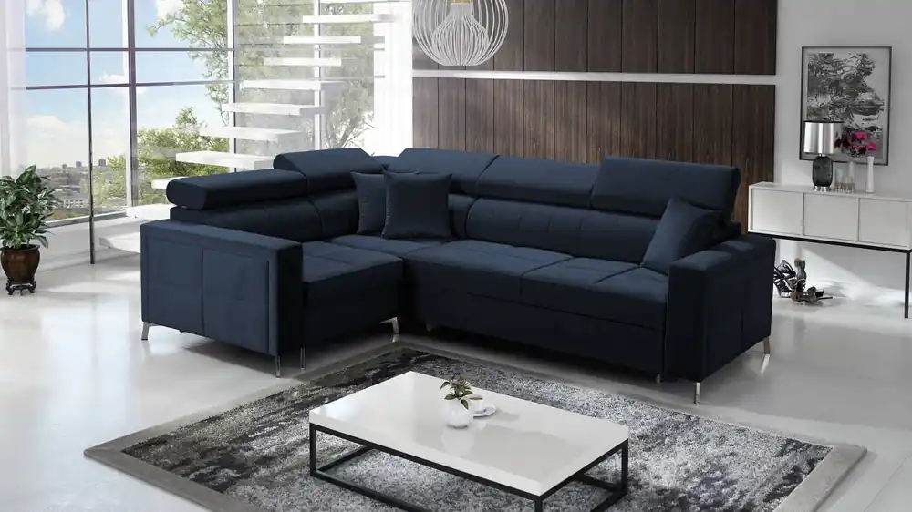 Nausa II Ecksofa mit Schlaffunktion marineblau links Samt Ziernähte auf der Sitzfläche Ecksofa mit Bettzeugbehälter Nur Für Kurze Zeit