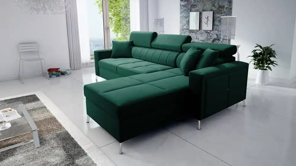 Preis Gesenkt Nausa Ecksofa mit Schlaffunktion Flasche grün rechtsseitig Samt stilvolles bequemes Ecksofa verstellbare Kopfstützen Bettzeug Container