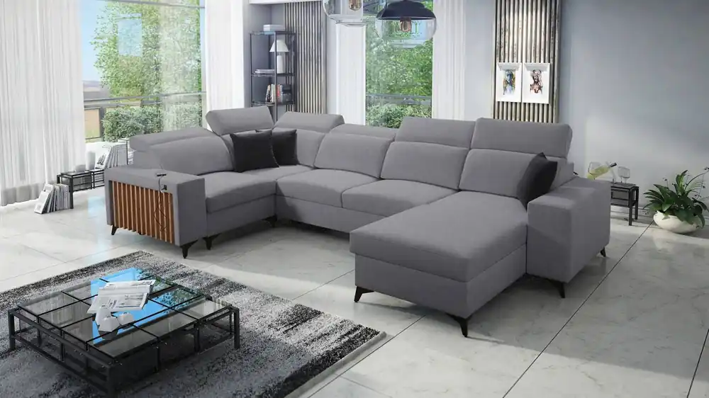 Kelly IV Ecksofa mit Schlaffunktion grau rechts geflochten bequemes Ecksofa verstellbare Kopfstützen seitlich mit Lattenverkleidung Beliebt