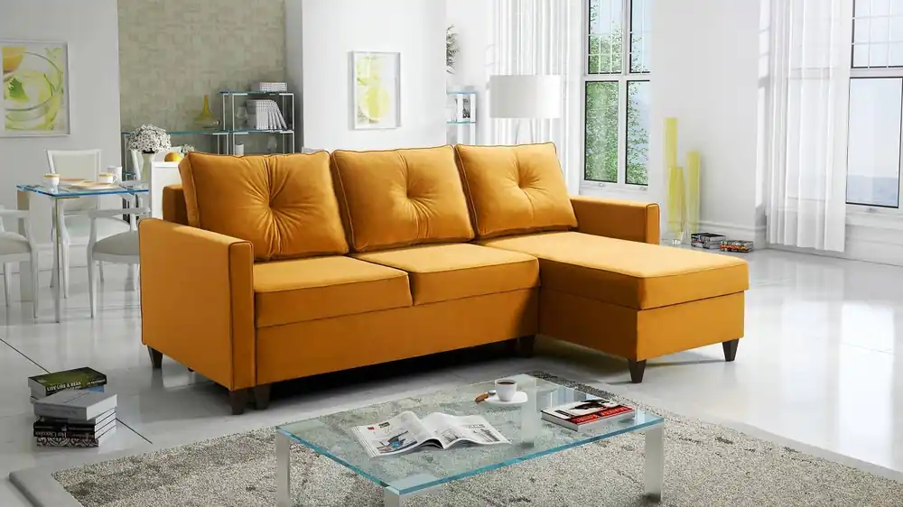 Top-Preis Ecksofa mit Schlaffunktion Terni gelb rechts praktisches und funktionelles Ecksofa mit geräumigen Behältern für Bettzeug