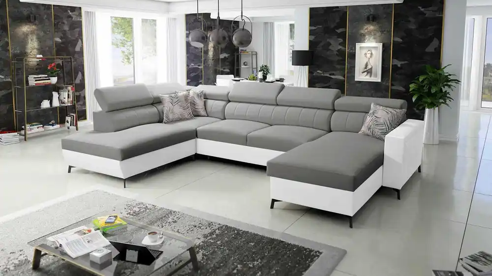 Neue Kollektion Ecksofa mit Schlaffunktion Savona VI grau / weiß rechts elegantes und bequemes Ecksofa für das Wohnzimmer zwei Container für Bettzeug