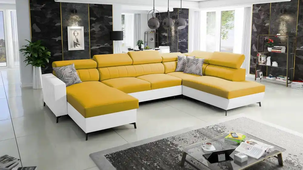 Ecksofa mit Schlaffunktion Savona VI gelb/weiß links elegantes und bequemes Ecksofa für Wohnzimmer zwei Container für Bettzeug Markenprodukt