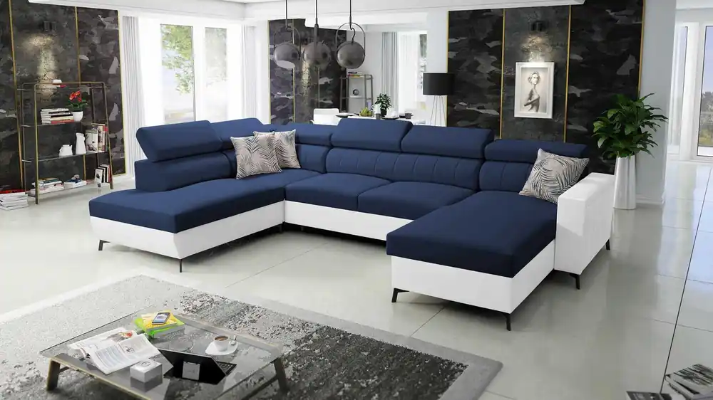 Abverkauf Ecksofa mit Schlaffunktion Savona VI blau / weiß rechts elegantes und bequemes Ecksofa für das Wohnzimmer zwei Container für Bettzeug