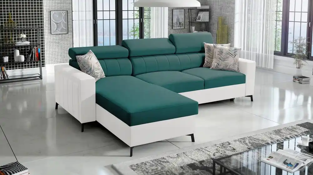 Ecksofa mit Schlaffunktion Savona türkis/weiß links elegantes Ecksofa mit verstellbaren Kopfstützen Ziernähte Zertifiziert
