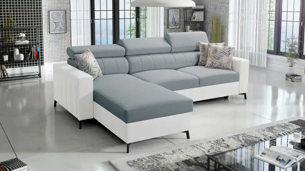 Ecksofa mit Schlaffunktion Savona arktisblau/weiß links elegantes Ecksofa verstellbare Kopfstützen Ziernähte Finale Aktion
