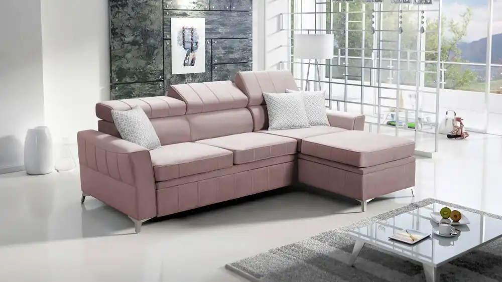 Ecksofa mit Schlaffunktion Rava lavendelrosa rechts Samt komfortables und funktionelles Ecksofa mit verstellbaren Kopfstützen Top-Angebot