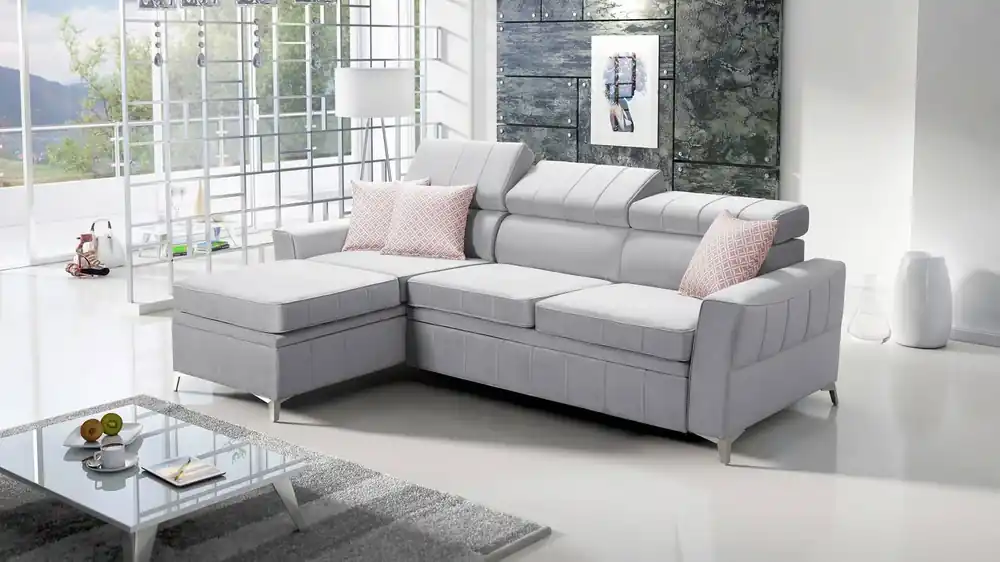 Rabatt Ecksofa mit Schlaffunktion Rava grau Esche links Samt komfortables und funktionelles Ecksofa mit verstellbaren Kopfstützen