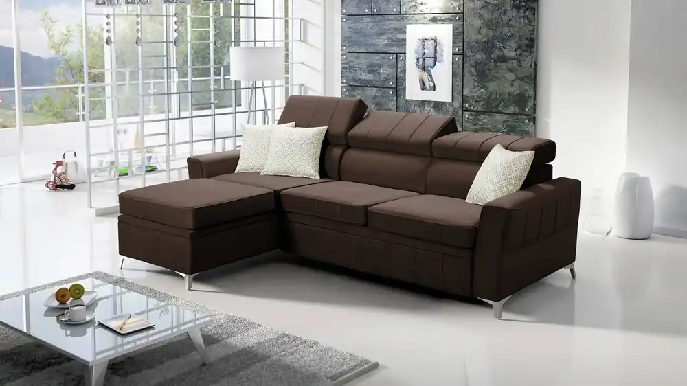 Ecksofa mit Schlaffunktion Rava braun links Samt komfortables und funktionelles Ecksofa mit verstellbaren Kopfstützen Ausverkauf