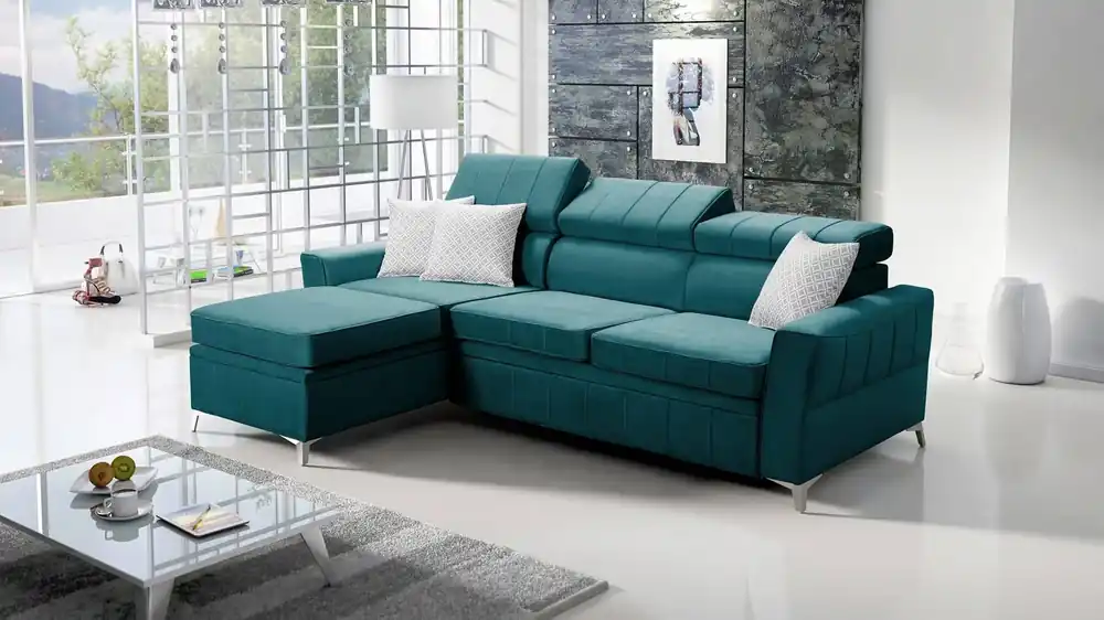 Saisonangebot Ecksofa mit Schlaffunktion Rava azurblauer linker Samt komfortables und funktionelles Ecksofa mit verstellbaren Kopfstützen