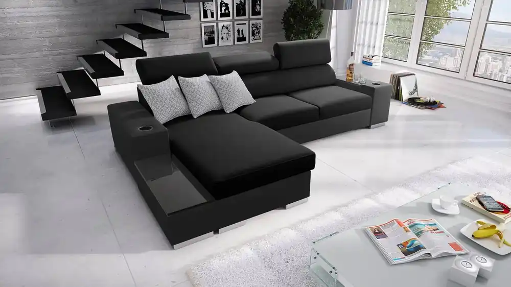 Abverkauf Ecksofa mit Schlaffunktion Provo schwarz links Ecksofa mit Bettzeugablage und Funktionsauszug