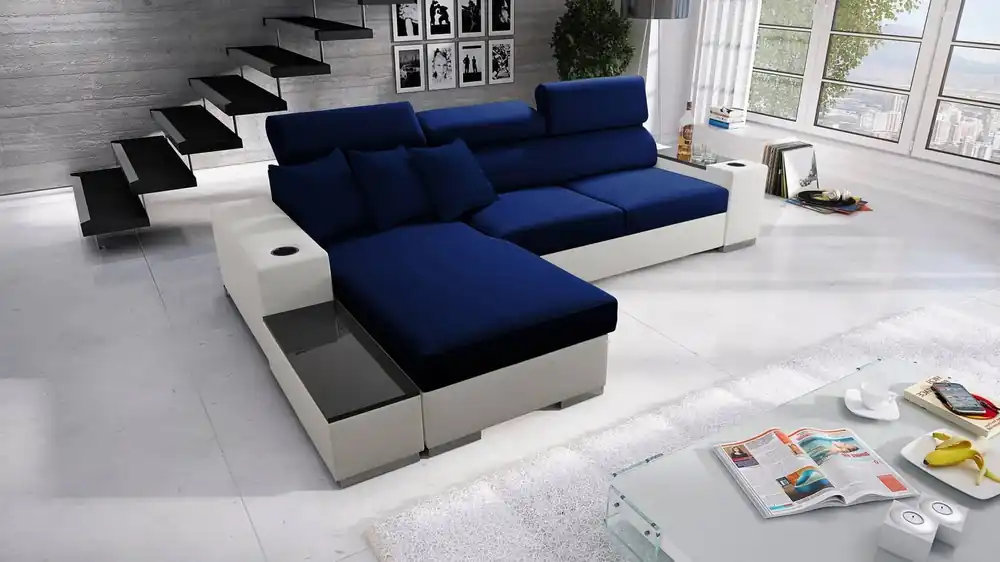 Ecksofa mit Schlaffunktion Provo marineblau/weiß linkes Ecksofa mit Bettkasten und Funktionserweiterung Saisonangebot
