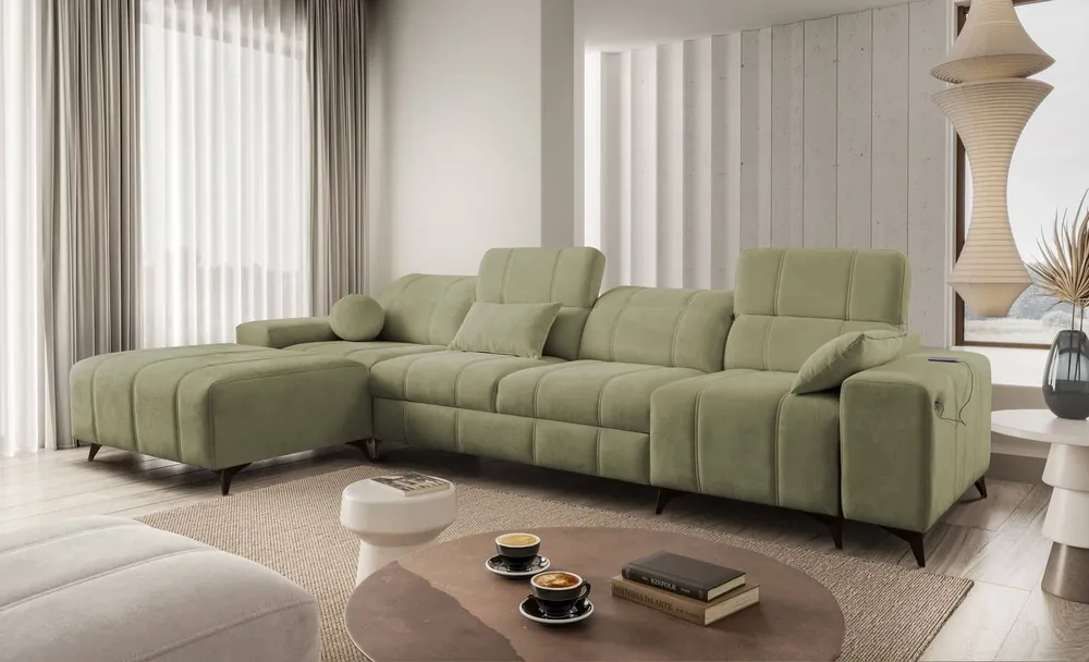 Ecksofa mit Schlaffunktion Penejos XII olivgrün links stilvolles Ecksofa mit Bettzeugcontainern komfortable verstellbare Kopfstützen Nur Heute