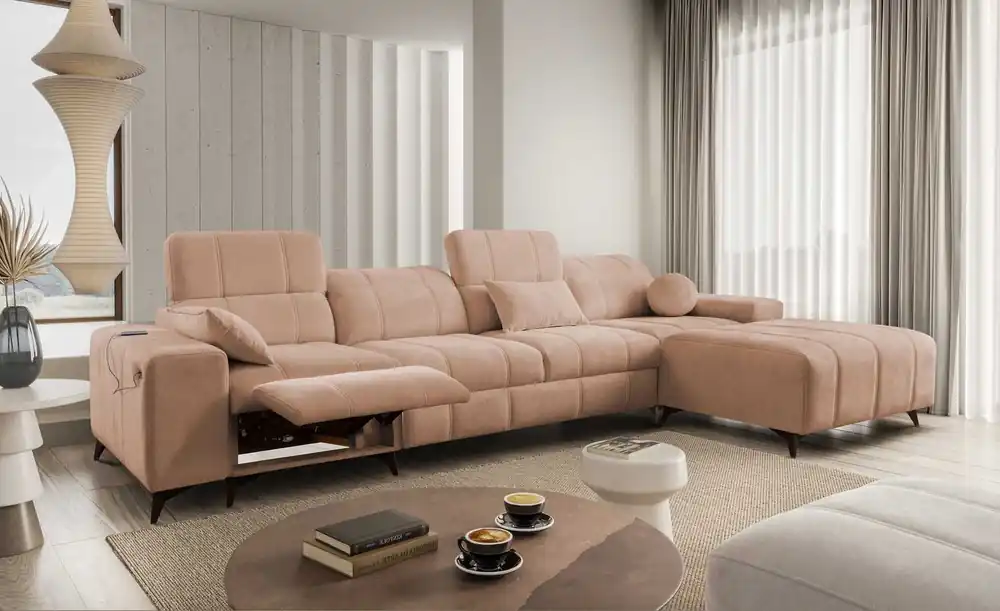 Direktkauf Ecksofa mit Schlaffunktion Penejos XII Lux lachsfarbe rechts stilvolles Ecksofa mit bequemer ausziehbarer Fußstütze